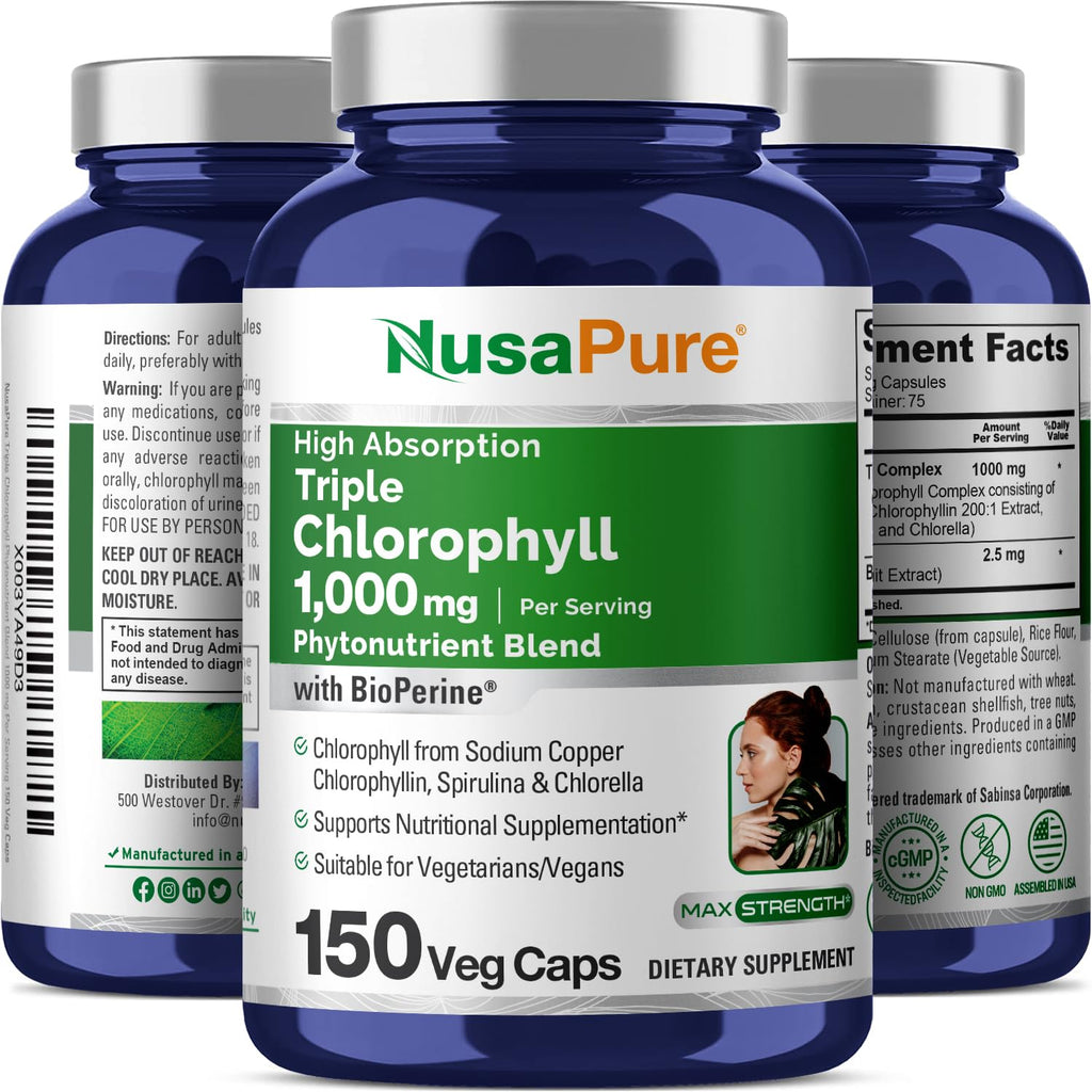 NusaPure High Absorption Triple Chlorophyll 1000 mg 150 Veg Caps Suitable for Vegetarians and Vegans, Non-GMO