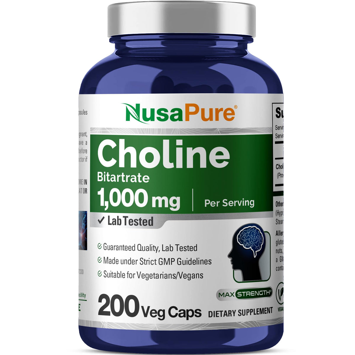 NusaPure Choline Bitartrate - Suitable for Vegetarian/Vegan, Non - GMO - 1000 mg 200 Capsules