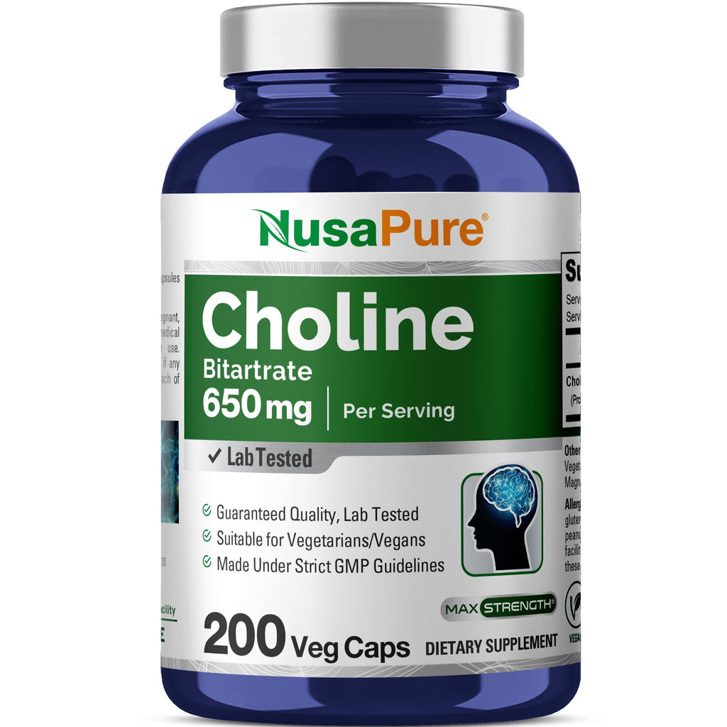 NusaPure Choline Bitartrate - Suitable for Vegetarian/Vegan, Non - GMO - 650 mg 200 Capsules