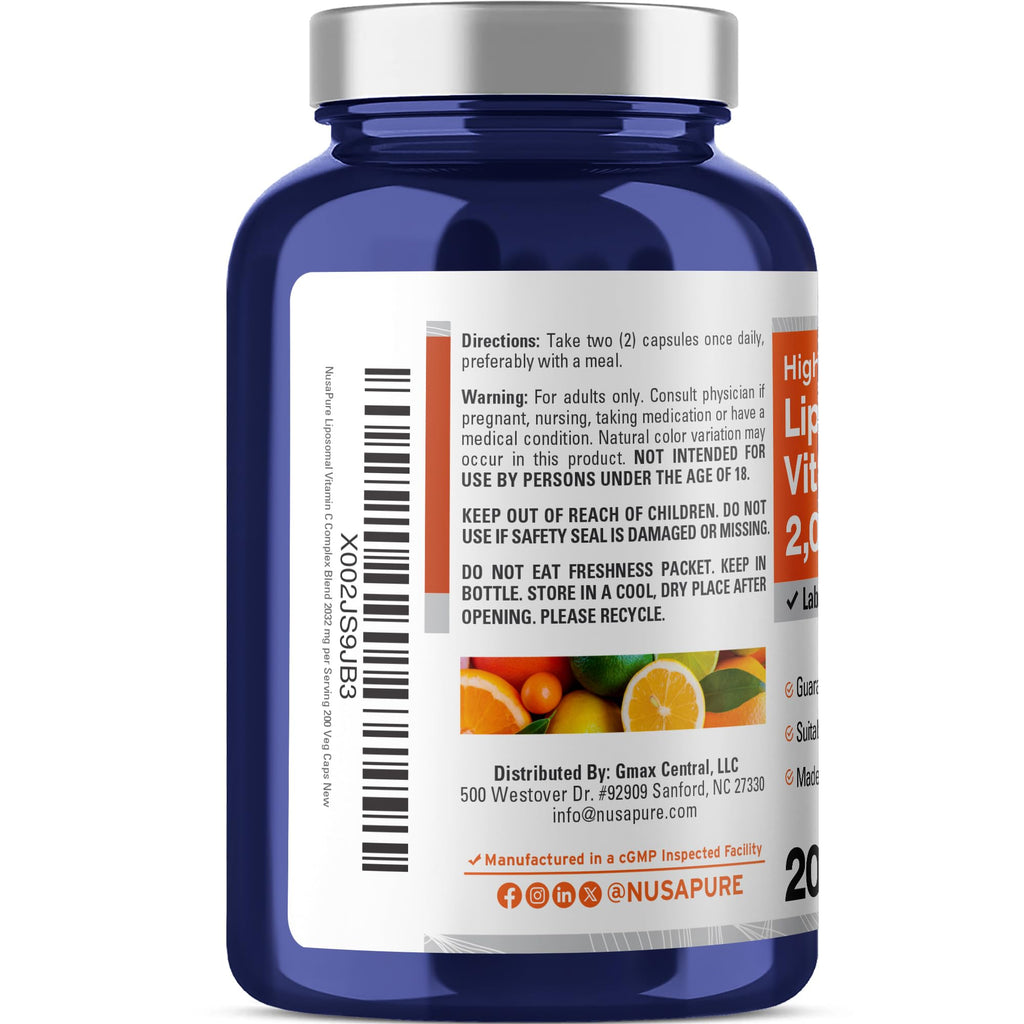 NusaPure Liposomal Vitamin C 2032mg - 200 Veggie Vegan Capsules, BioPerine - High Absorption Ascorbic Acid