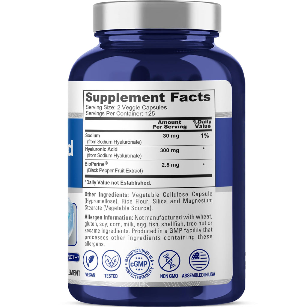 NusaPure Hyaluronic Acid 300mg 250 Veggie Capsules (Non-GMO, Vegan)