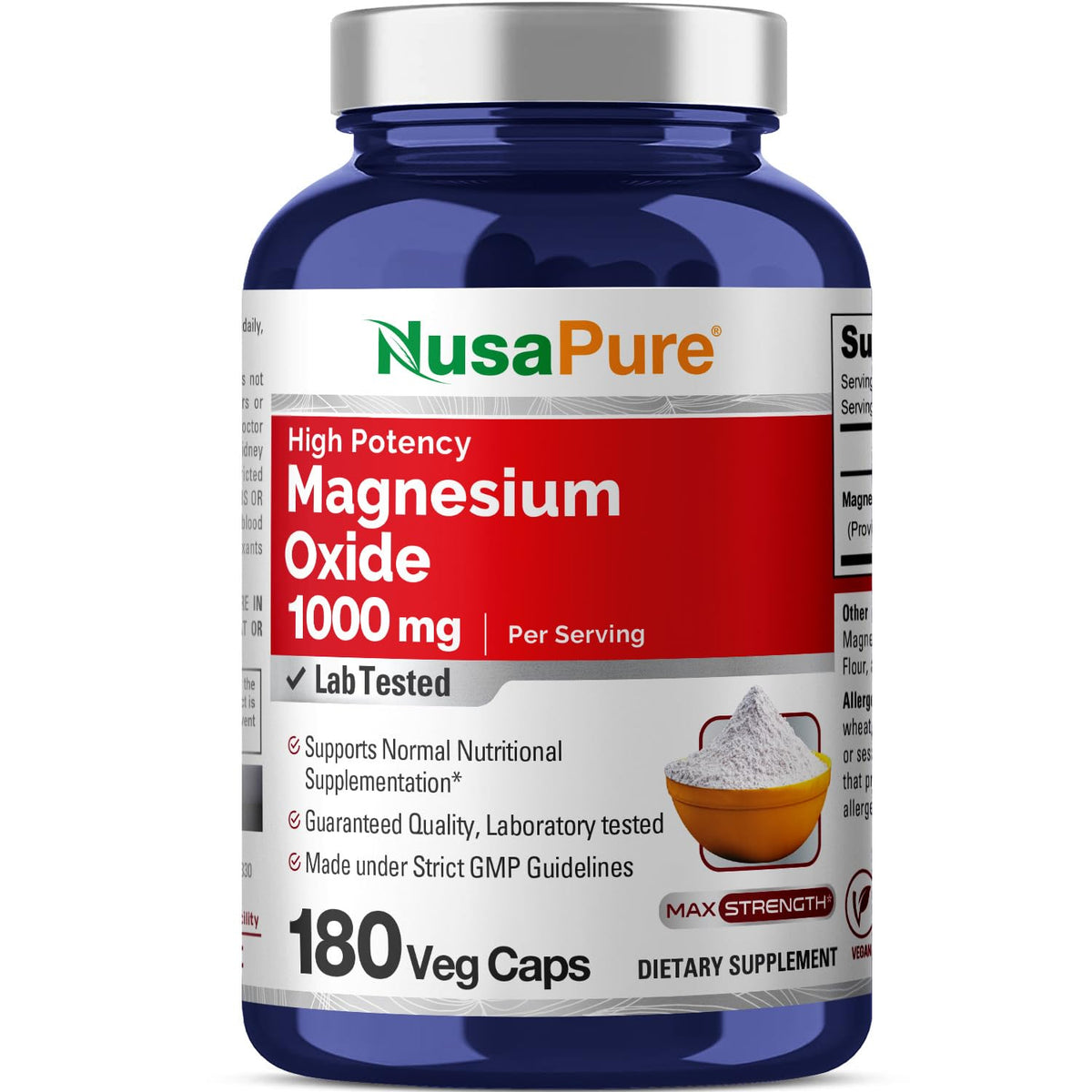 NusaPure Magnesium Oxide 1,000mg per Serving 180 Veggie Caps (Non-GMO, Vegan)