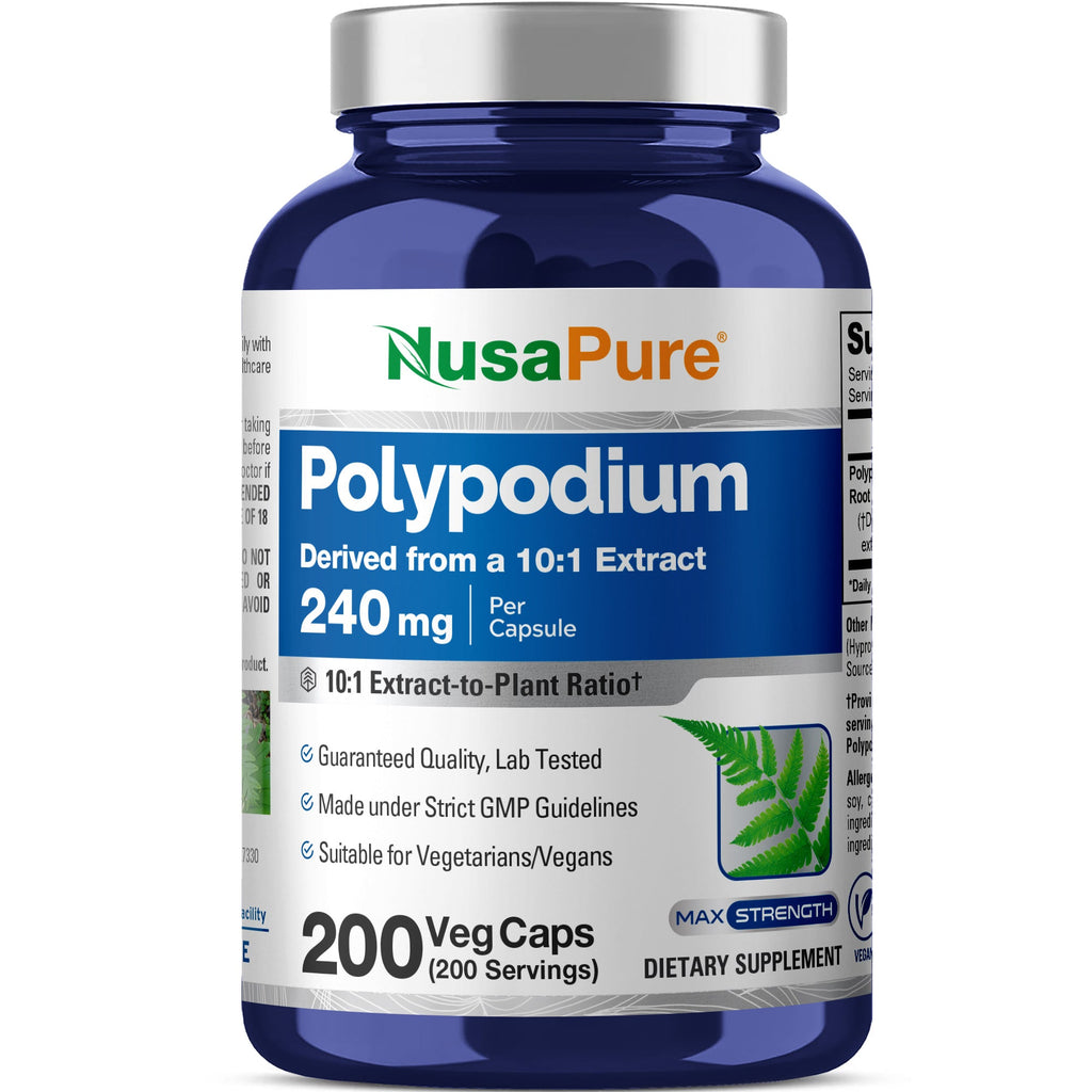 NusaPure Polypodium Leucotomos 10:1 Extract, 240 mg 200 Veggie Capsules (Vegetarian, Non-GMO, Vegan)
