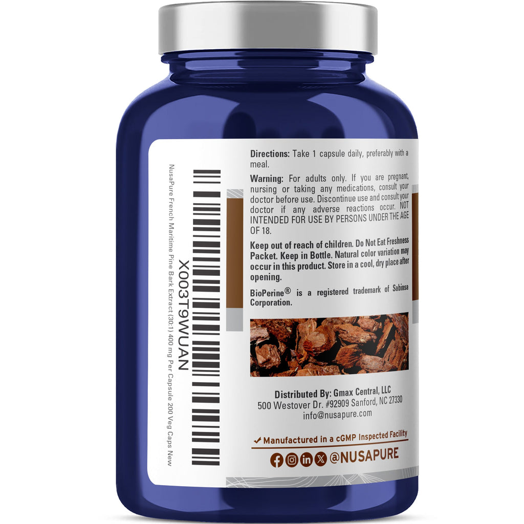 NusaPure French Maritime Pine Bark 30:1 Extract, 400 mg Per Veggie Caps 200-Day Supply, Bioperine (Non-GMO & Vegan)