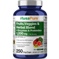 NusaPure Fruits and Veggies Supplement 1200 mg 250 Capsules - 43 Fruits & Vegetables,11 Enzymes, Probiotics (Vegan/Vegetarian, Non-GMO)
